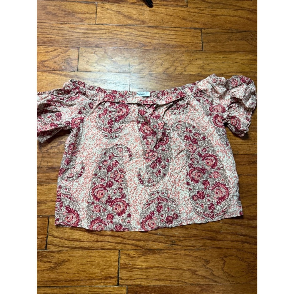Madewell Silk Off The Shoulder Paisley Floral Top Red Pink G5836 Small